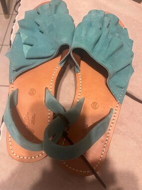 Seychelles Teal Ruffle Slingback Sandals